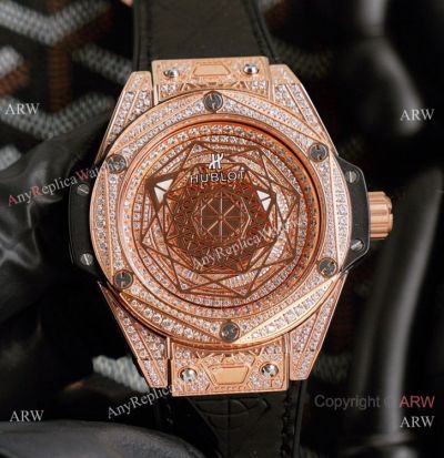 Replica Hublot Iced Out Rose Gold Sang Bleu Watches 45mm